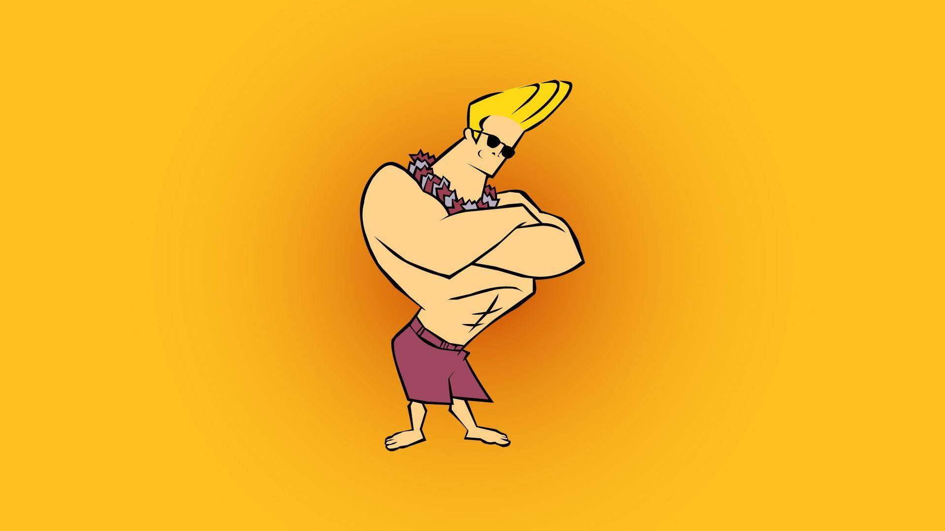 Johnny Bravo 海灘裝扮 壁紙 — 一個卡通男人，有著尖刺金髮和太陽眼鏡，自信地交叉雙臂站在純橙色背景前。