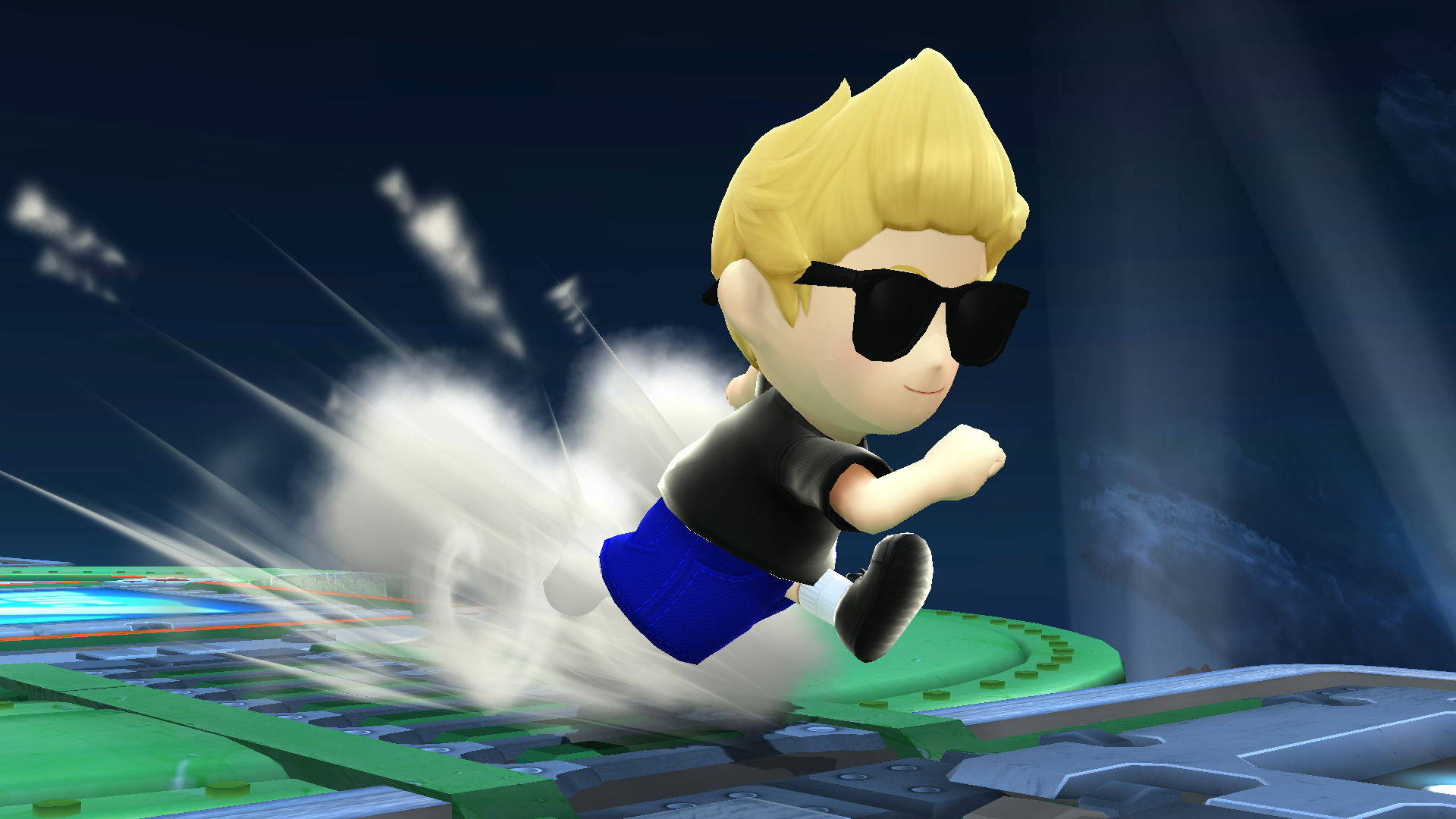 Johnny Bravo 3D Q版 壁紙 — 一個金髮角色戴著太陽眼鏡在未來主義的賽道上高速奔跑，留下白色煙霧痕跡。