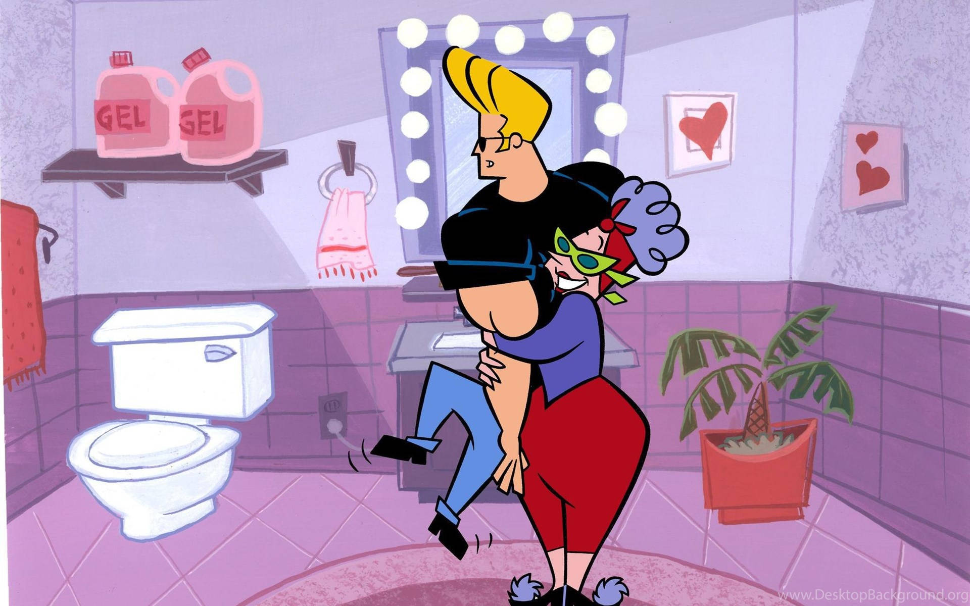 Johnny Bravo 媽媽 壁紙 — 一位穿著紅色連衣裙和綠色面具的卡通女人在一個有紫色瓷磚和梳妝鏡的浴室裡抱著一個男人。