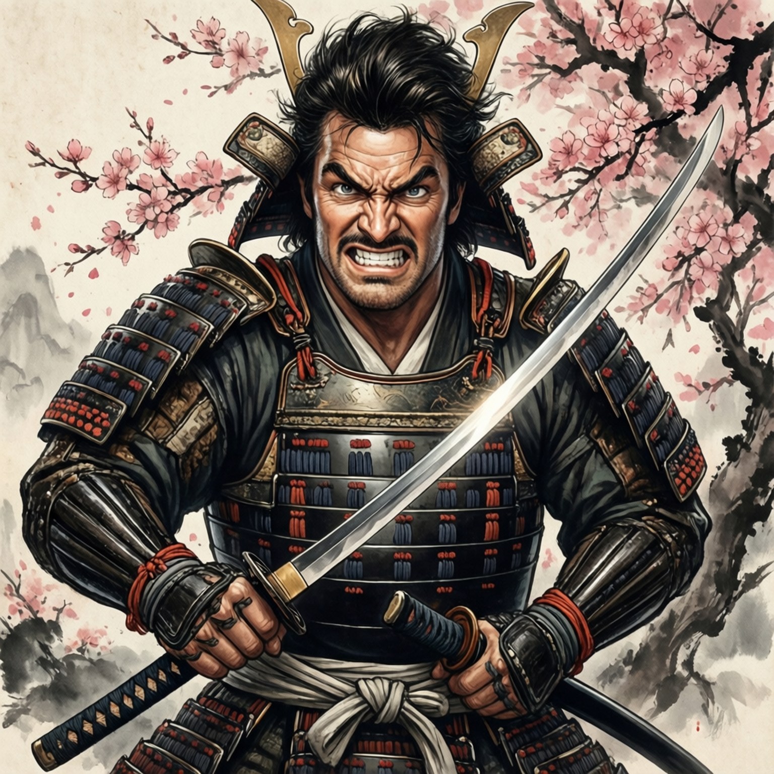 一個全副武裝的武士在櫻花下握著刀。