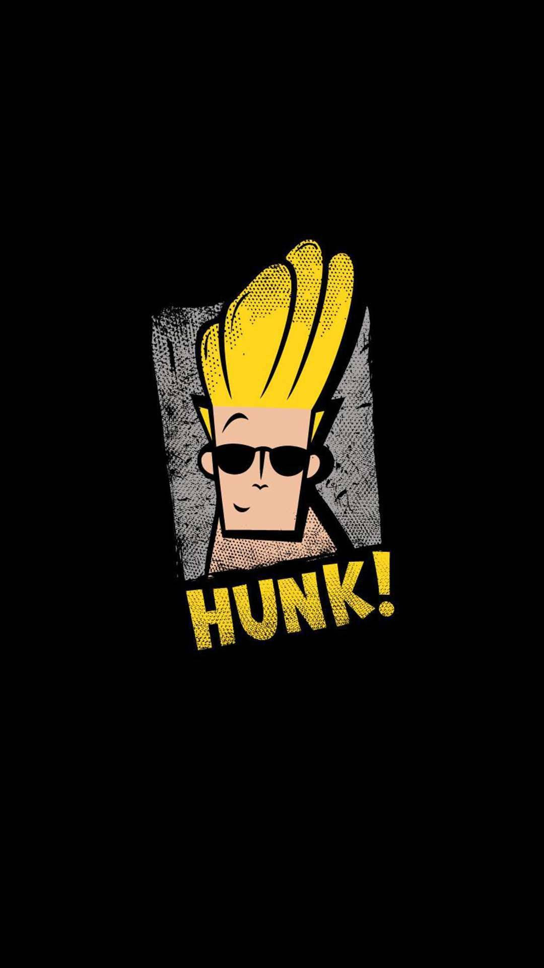 Johnny Bravo 雄性魅力 壁紙 — 一個風格化的卡通男人，有著尖刺的黃色頭髮和太陽眼鏡，在黑色背景上微笑，並帶有單詞 HUNK！