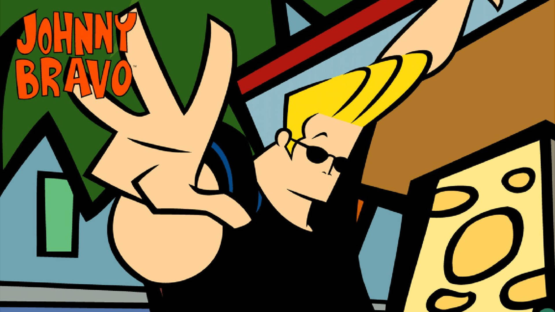Johnny Bravo 卡通角色做出和平手勢。