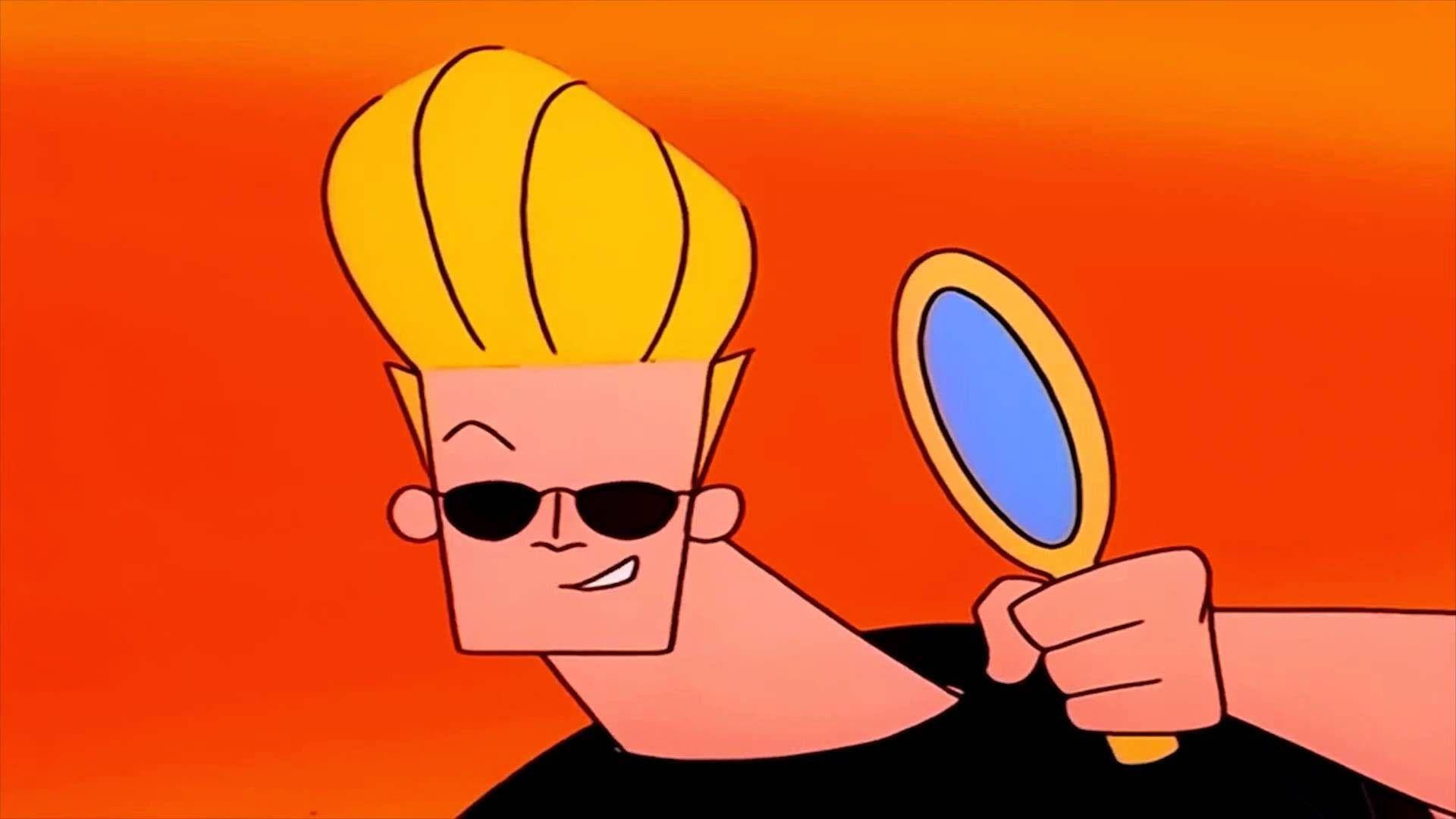 Johnny Bravo 鏡中自照 壁紙 — 一個卡通角色，有著刺刺的金色頭髮和太陽眼鏡，在火熱的橙色背景前拿著手鏡。