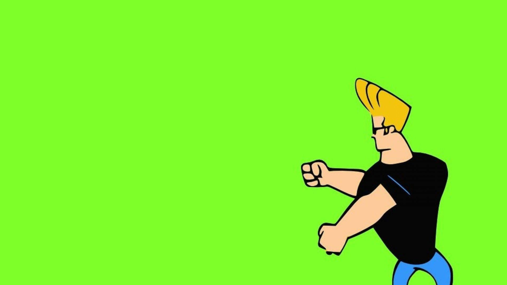 Johnny Bravo 霓虹綠背景 壁紙 — 一個卡通男人，金色尖刺頭髮，戴眼鏡，在純綠色背景上向前出拳。