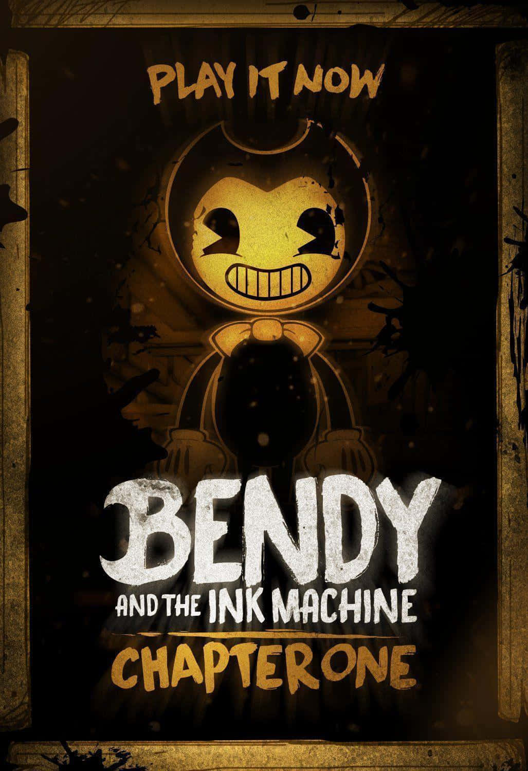 Johnny駕駛座前的《Bendy與墨水機》世界 壁紙 — 一個帶有咧嘴笑和破爛蝴蝶結的可怕卡通機械人，在帶有遊戲標題文字的深色污漬背景上若隱若現。