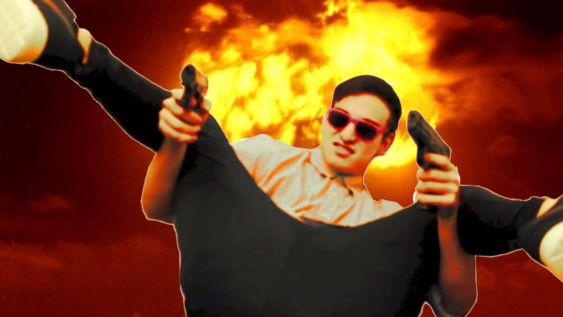 戴著太陽眼鏡的男子在熾熱的爆炸中手持兩把手槍。