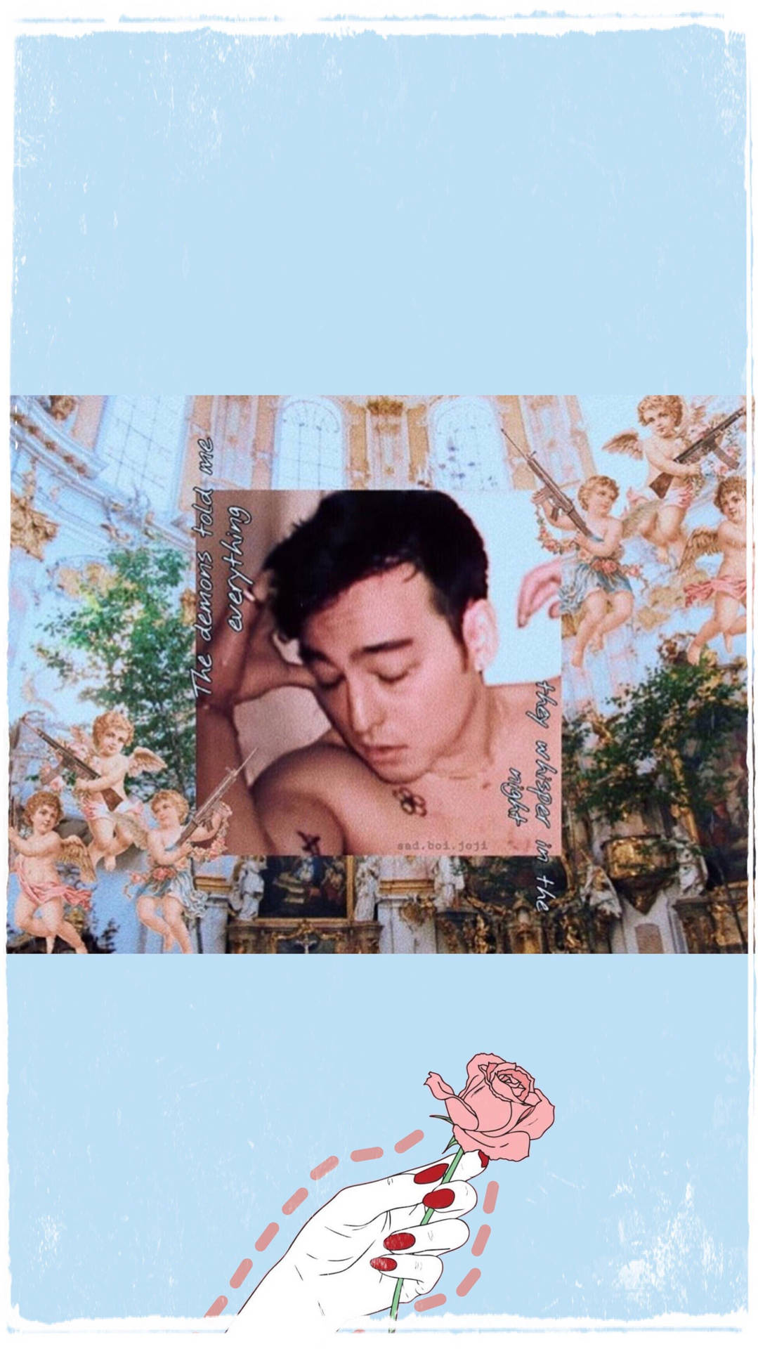 一位有紋身的年輕男子被小天使和握著玫瑰的手包圍在復古拼貼畫中。