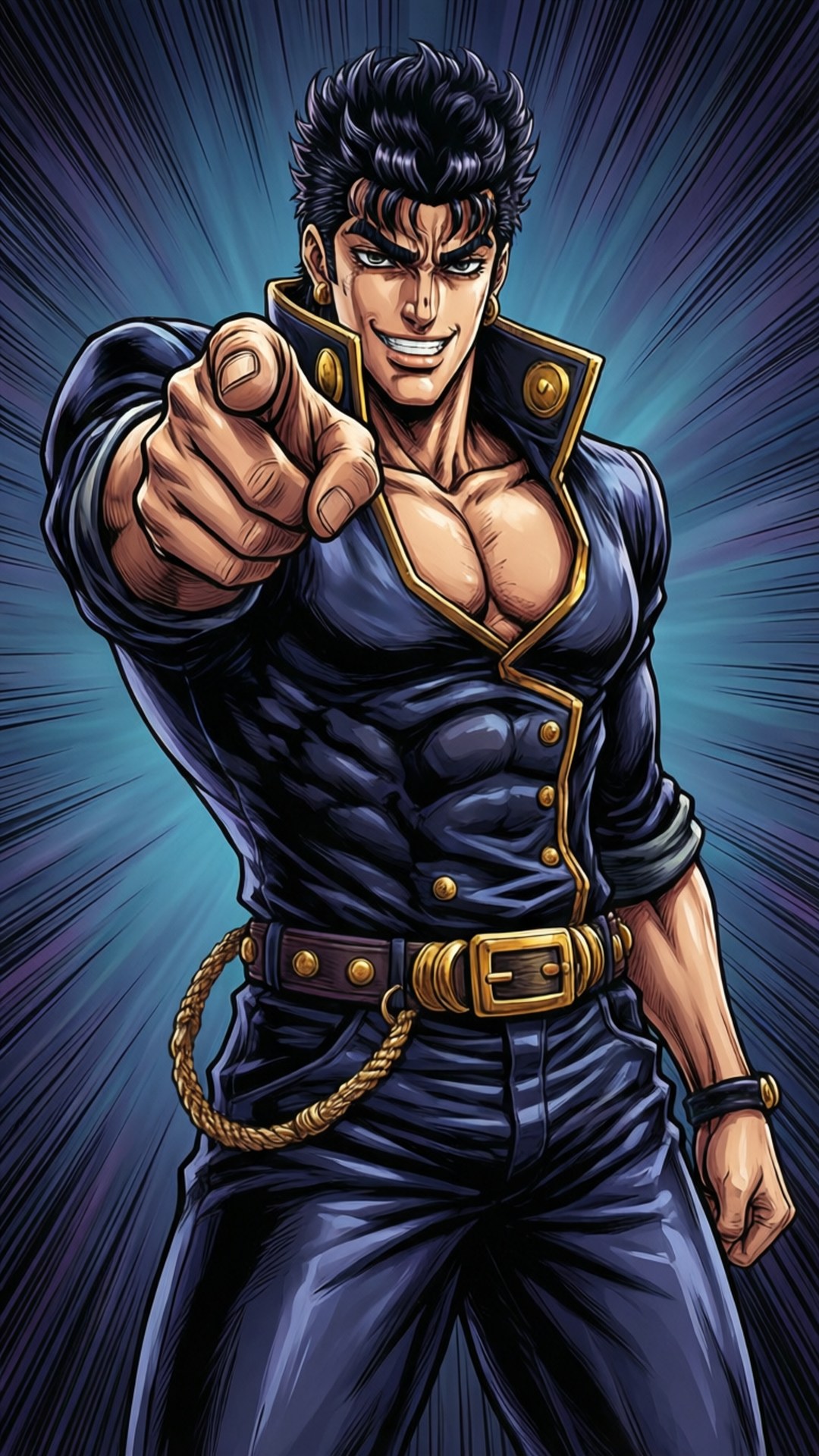 JoJo 姿勢 壁紙 — 一個肌肉發達的動漫男子，身穿帶有金色飾邊的藍色制服，在動態的藍色放射狀背景前直接指向觀眾。