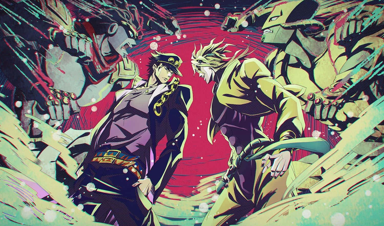 JoJo的奇妙冒險 迪亞沃洛與迪奧·布蘭多對峙 壁紙 — 兩個動漫角色與怪物般的替身盟友在鮮紅色的宇宙背景下交鋒。