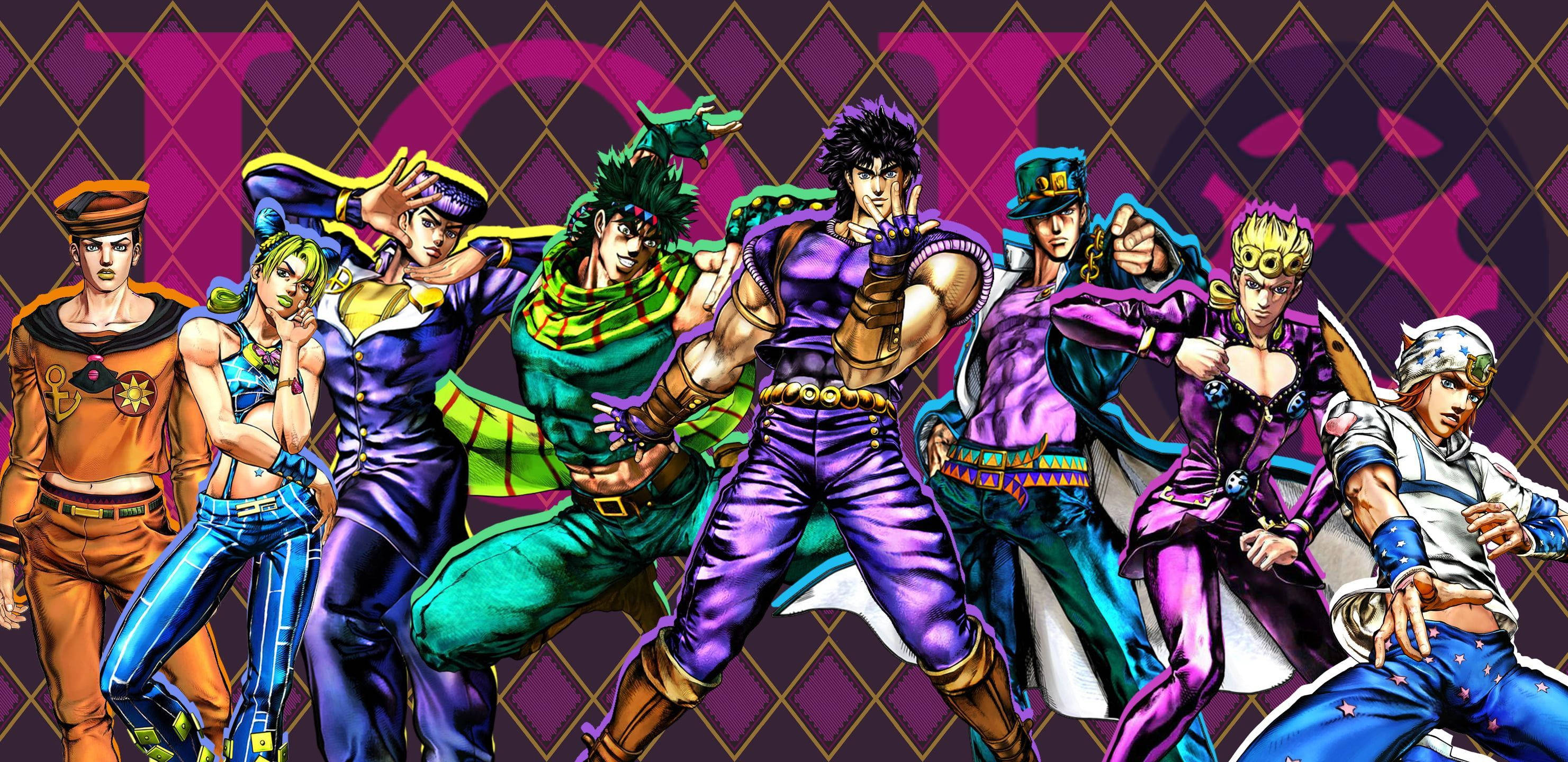 Jojo 4K 熱情角色群像 壁紙 — 在紫色菱形圖案背景上，充滿活力的動漫角色擺出動態姿勢。