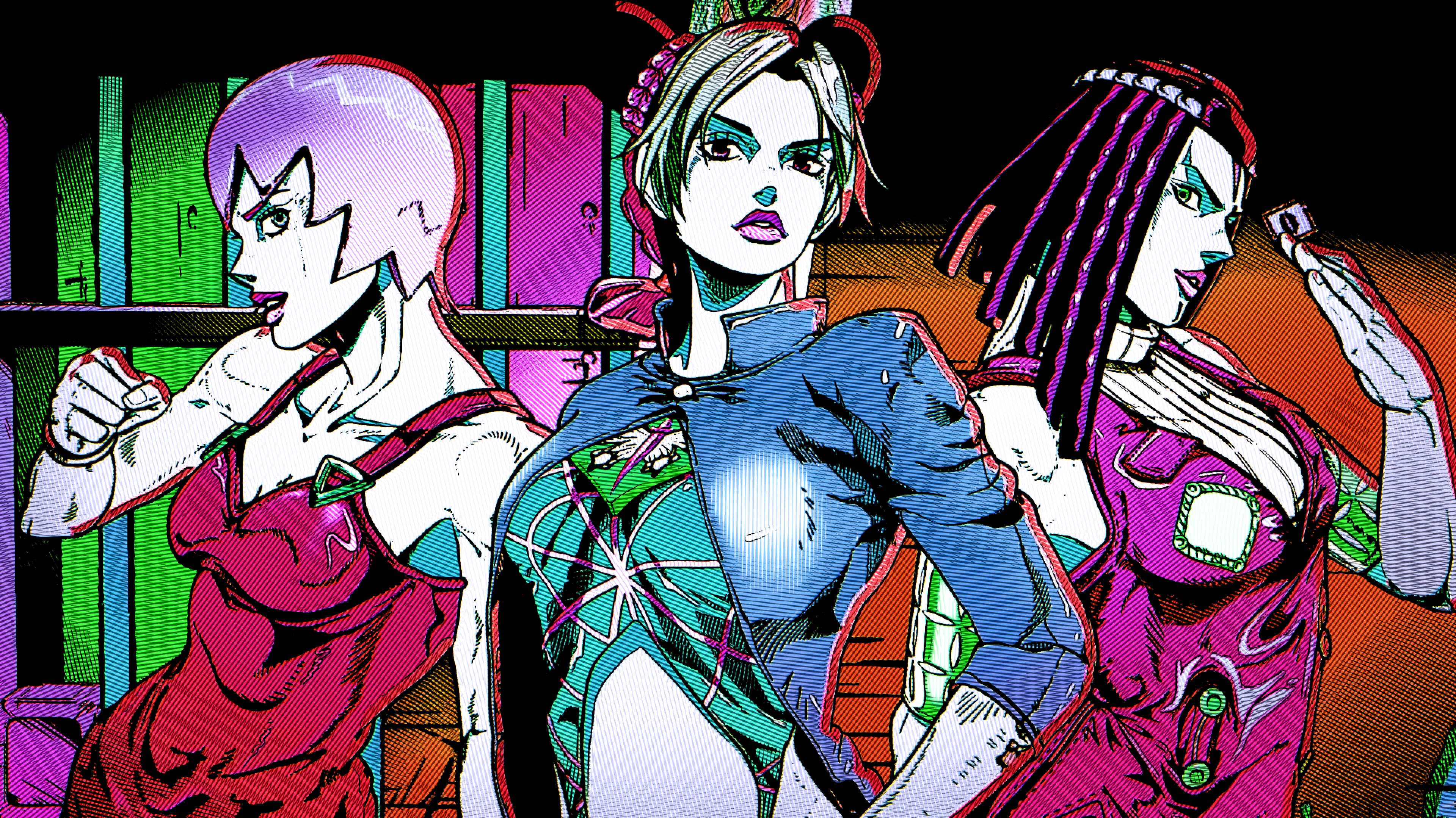 Jojo 4K 時尚角色插畫 壁紙 — 三位動漫風格女性，擁有鮮豔的髮色和大膽的服裝，在色彩繽紛、風格化的背景前自信地擺姿勢。