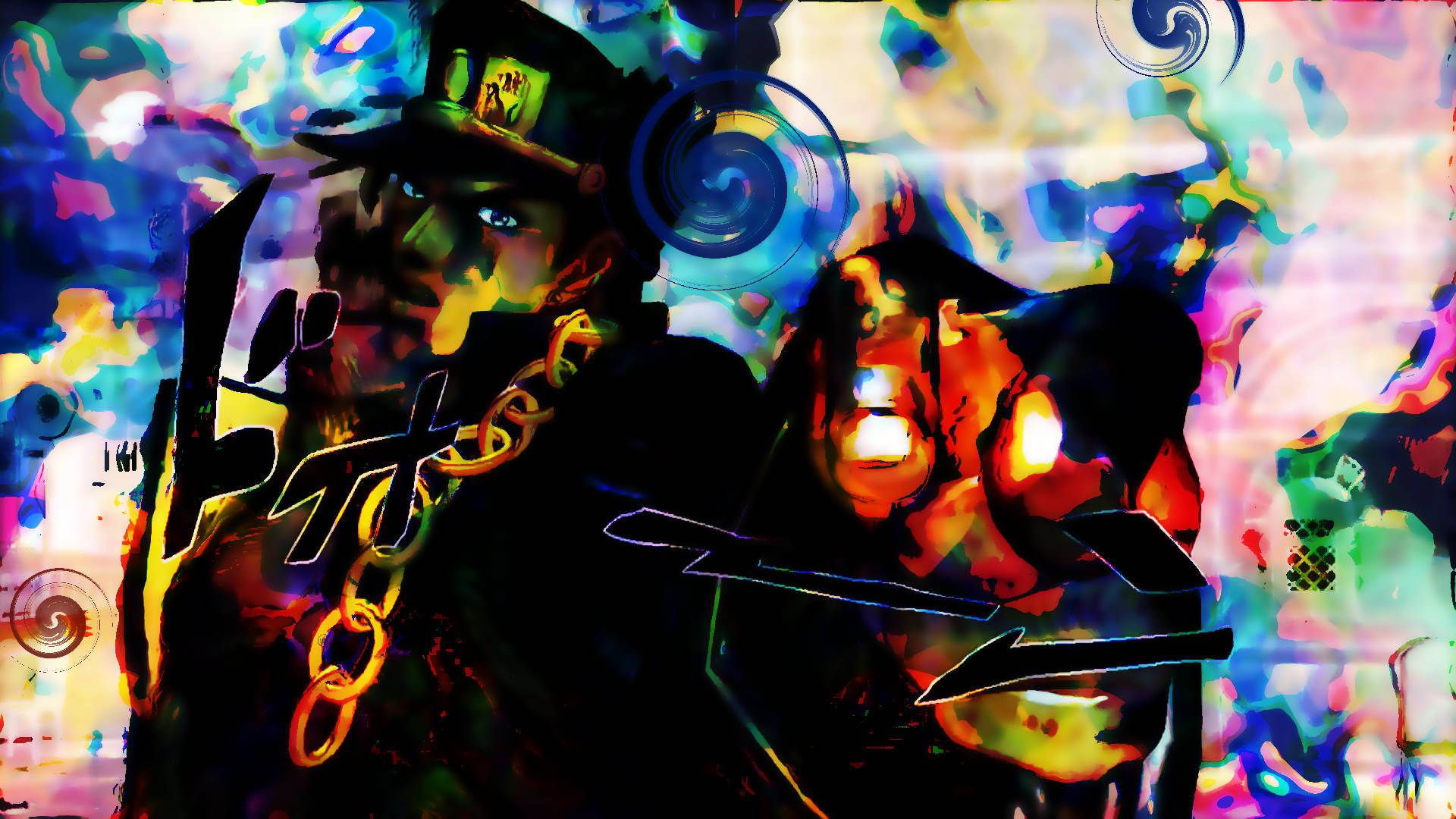 Jojo 4K Jotaro 與抽象色彩 壁紙 — 一個風格化的動漫角色，擁有發光的眼睛和金色鏈條，背景是迷幻的漩渦鮮豔色彩。