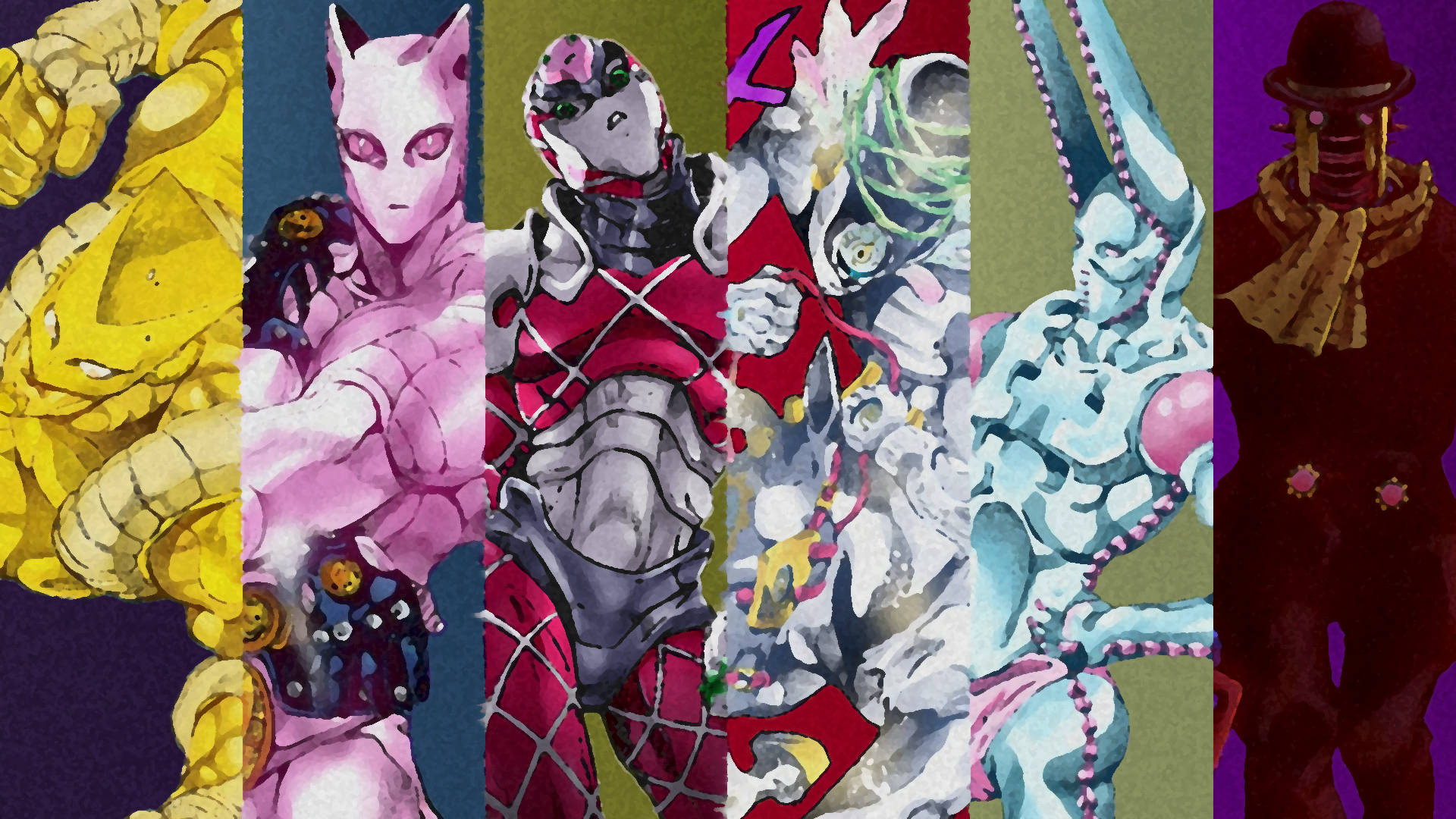 Jojo 4K 人形角色 壁紙 — 六個風格化的動漫角色，分別展示在充滿活力的垂直面板中，每個都有獨特的設計和大膽的色彩搭配。