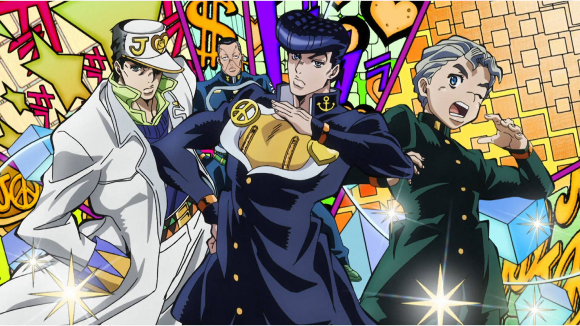 JoJo 4K 動畫角色 壁紙 — 三個動漫角色穿著大膽服裝，在充滿活力的塗鴉風格背景前動態擺姿勢，背景有發光的星星。