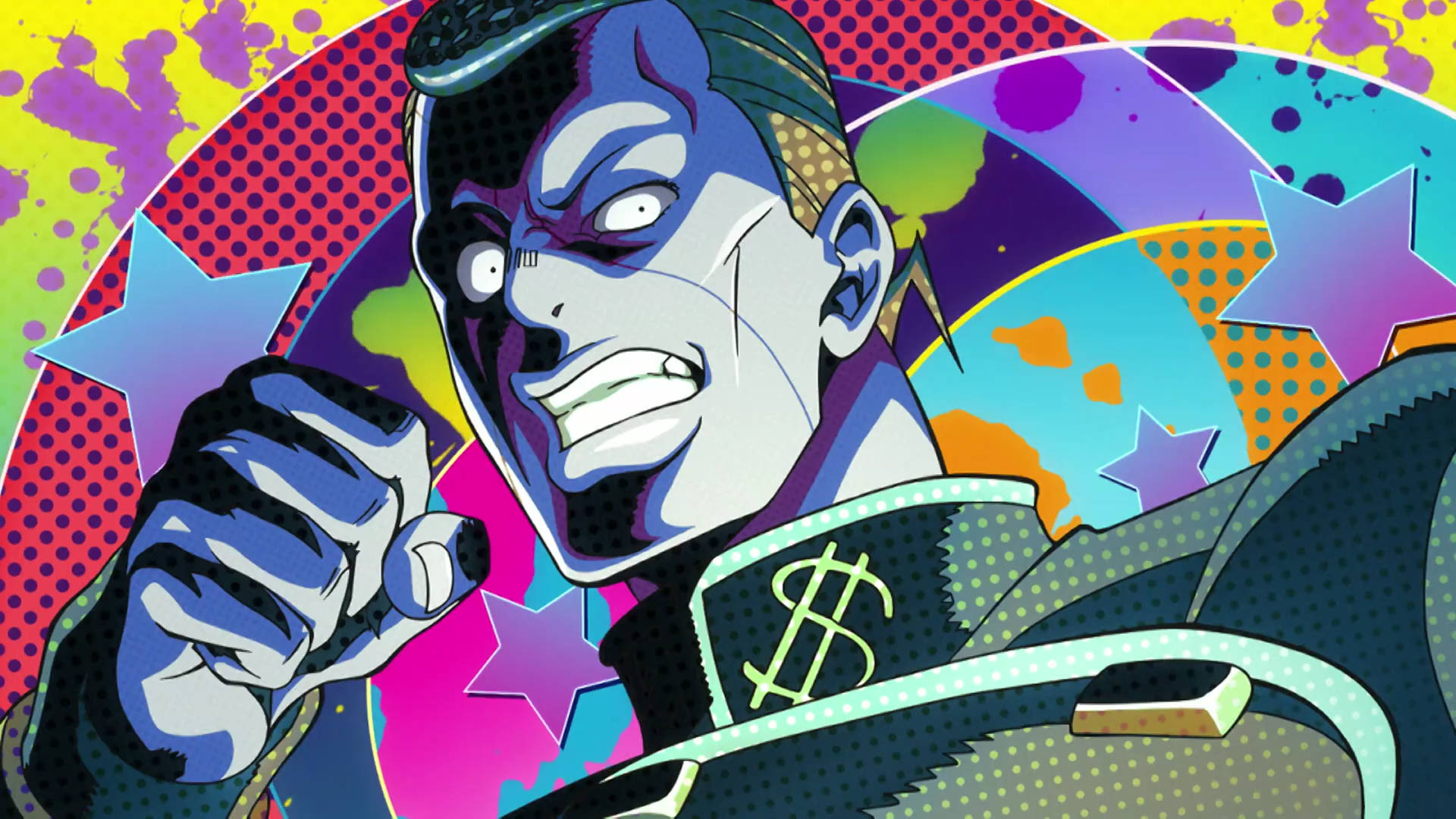 JoJo 4K 奧久澤復古插畫 壁紙 — 一個風格化的動漫角色，擁有藍色皮膚和一件帶有美元符號的夾克，在充滿星星和飛濺物的生動波普藝術背景前向前出拳。