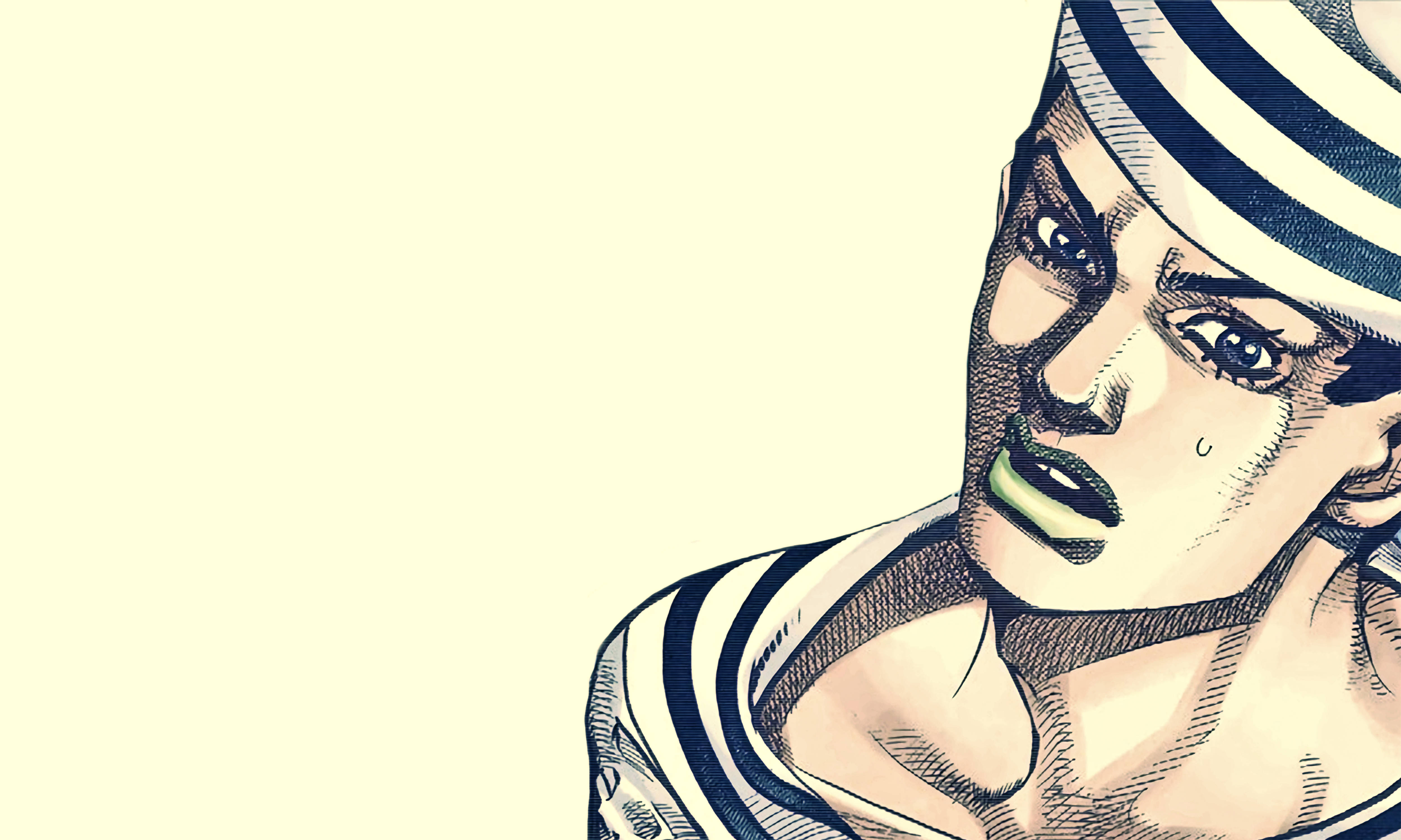 JoJo 4K 希臘·西格·高橋 壁紙 — 一個風格化的動漫角色，戴著條紋水手帽和穿著條紋襯衫，在淡黃色背景下強烈凝視。