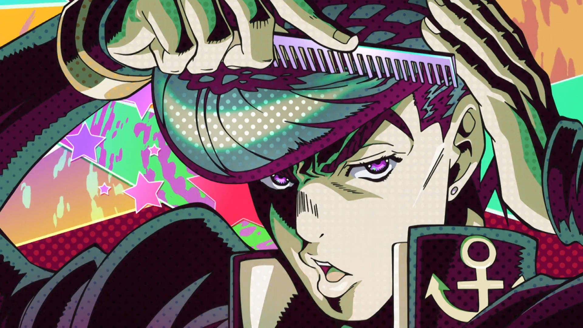 JoJo 4K 希臘·西格·高橋梳頭 壁紙 — 一個風格化的動漫角色，擁有紫色眼睛和綠色頭髮，在充滿活力的普普藝術背景前用梳子梳理頭髮。