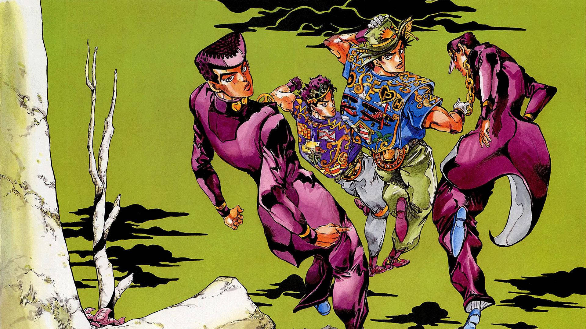 JoJo 4K 無敵兄弟 壁紙 — 三個身穿鮮豔紫色和藍色服裝的動漫角色，在一片超現實的綠色風景中奔跑，背景有 stark 白色樹木和黑色雲朵。