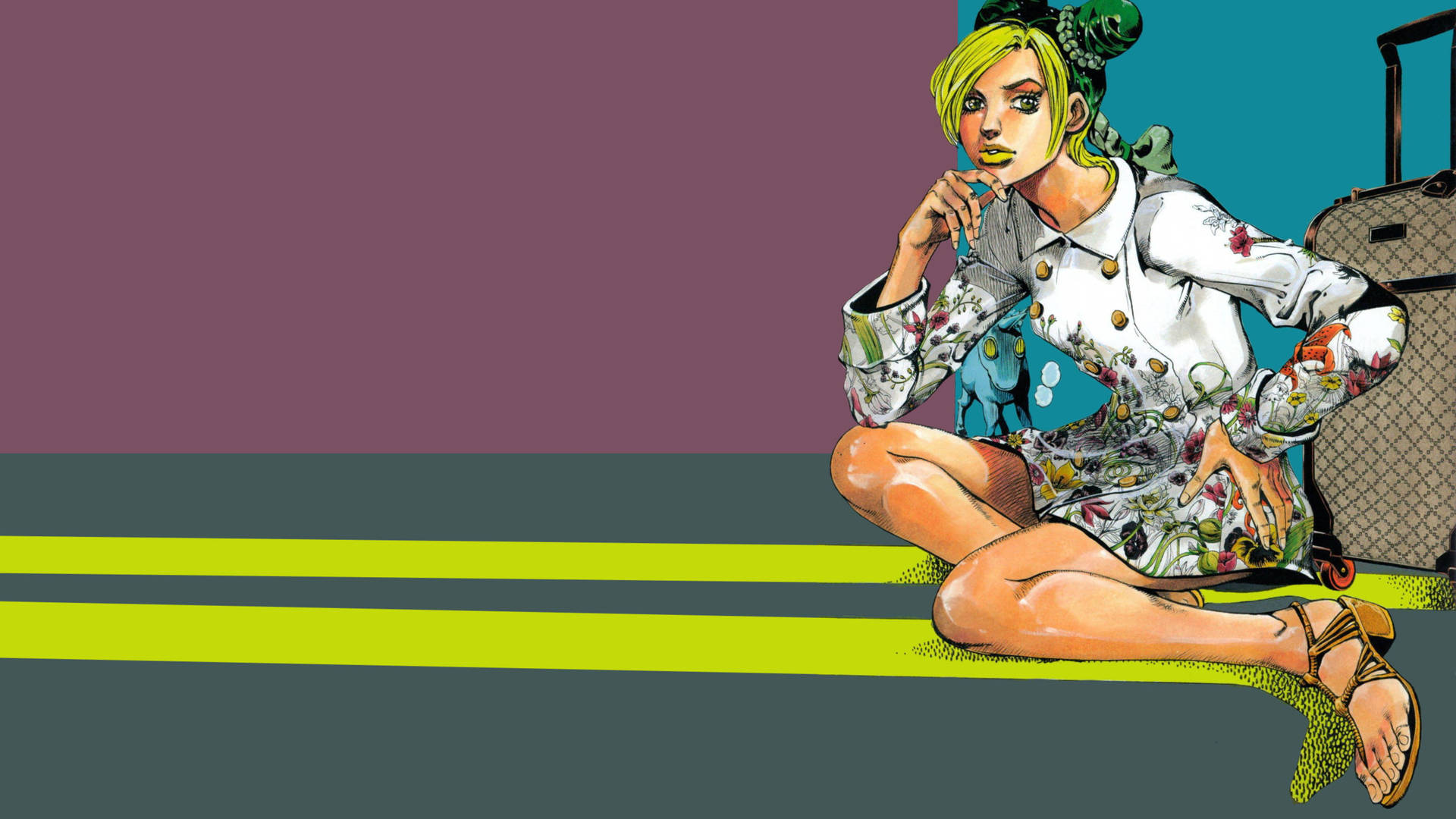 穿著花卉服裝的動漫女孩坐在行李箱旁的黃色線上