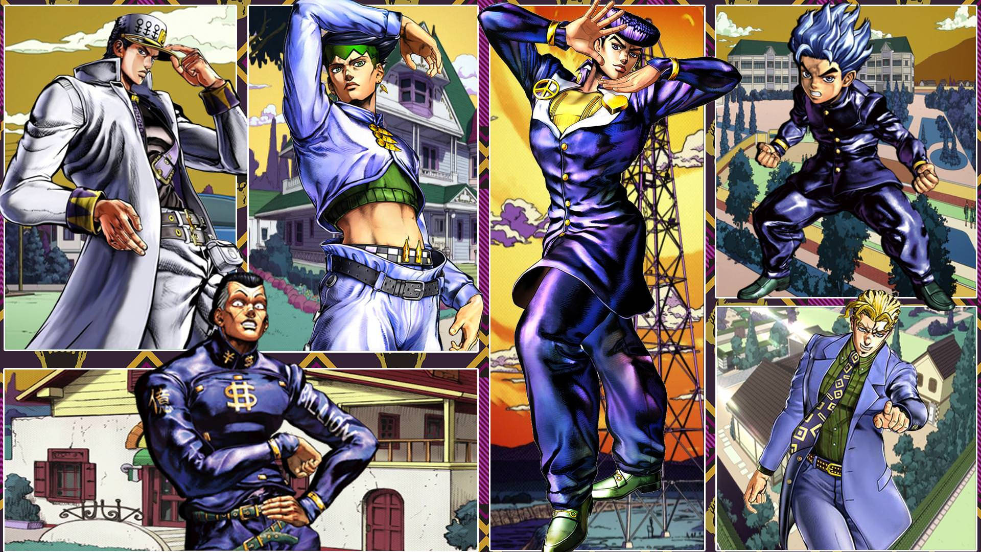 Jojo 4K 經典姿勢 壁紙 — 六個動漫角色以動態姿勢呈現，背景色彩繽紛，輪廓大膽，服裝鮮豔。
