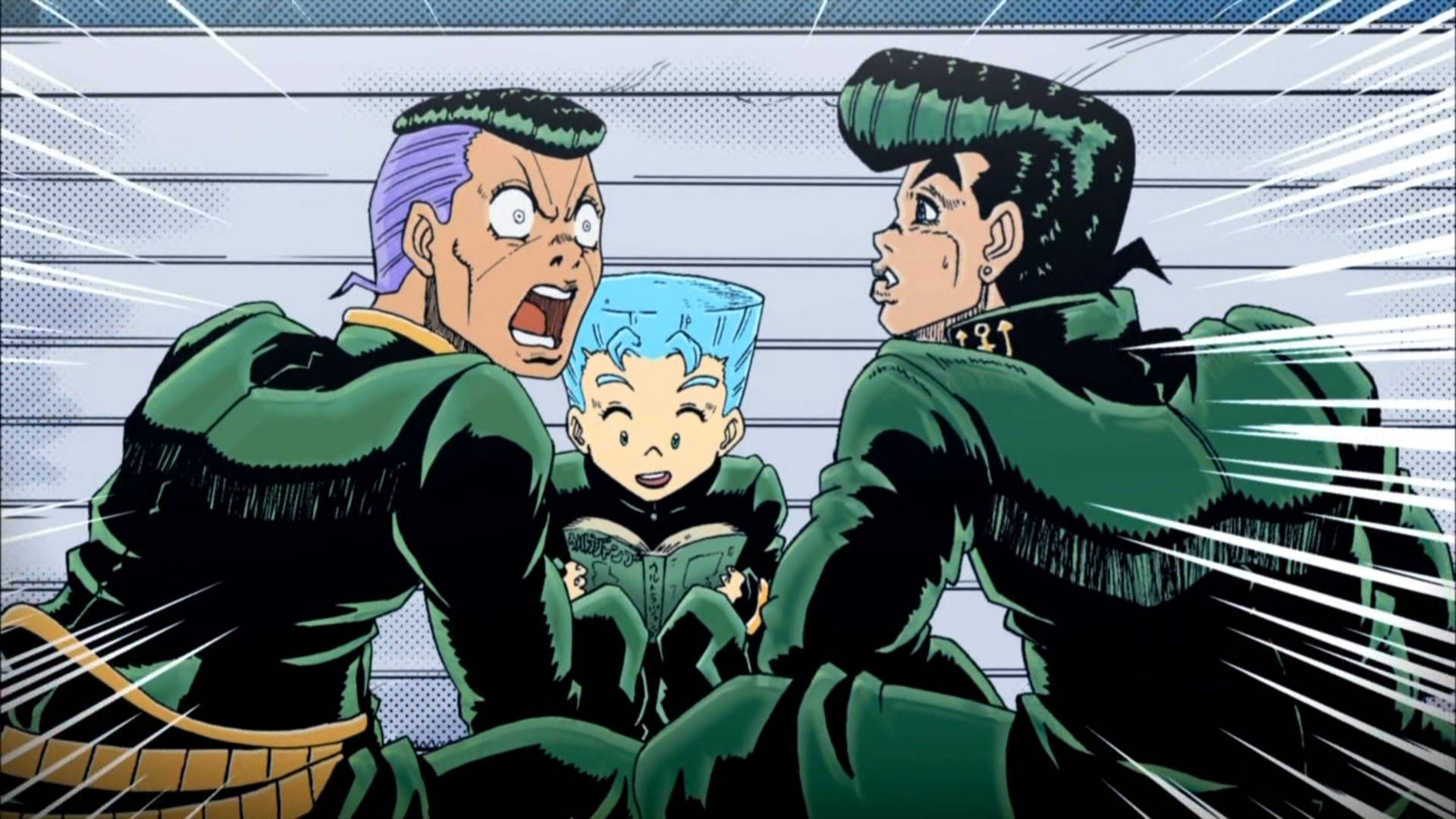 JoJo 4K 驚訝的高橋孝一 壁紙 — 三個穿著綠色服裝的動漫角色戲劇性地反應，周圍有速度線。