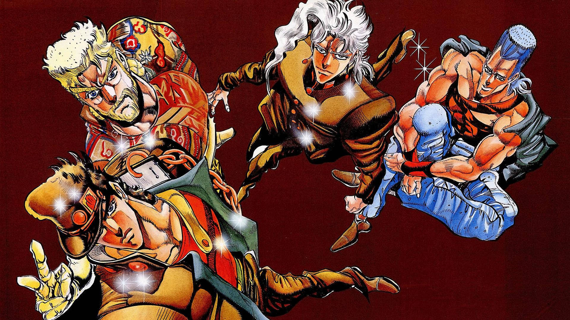 JoJo 4K 驚豔角色 壁紙 — 四個肌肉發達的動漫角色在深紅色背景上擺出動態戰鬥姿勢，伴隨著閃爍的光芒。