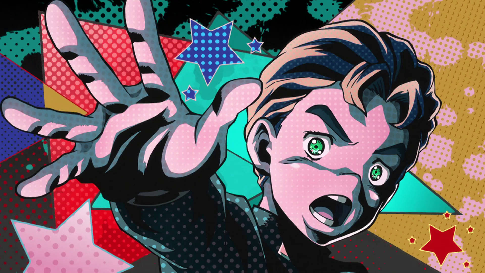 JoJo 4K 高橋孝一 壁紙 — 一個漫畫風格的動漫角色，擁有綠色眼睛和震驚的表情，在充滿星星和幾何形狀的鮮豔流行藝術背景前伸出手。