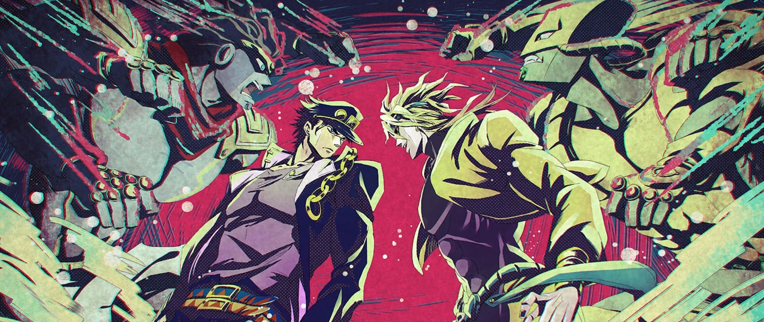 繽紛動感的《JoJo的奇妙冒險》動畫背景 壁紙 — 兩個動漫角色在充滿活力的漫畫風格戰鬥中碰撞，帶有爆炸性能量和動態運動線條。