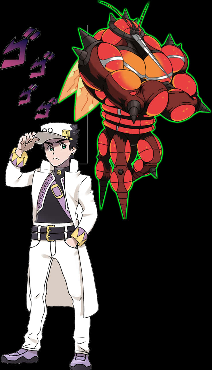 JoJo角色與立體夥伴及威脅符號 壁紙 — 一個穿著白色服裝的年輕動漫男孩在一個帶有發光綠色邊緣的紅色和橙色裝甲怪物旁邊敬禮。