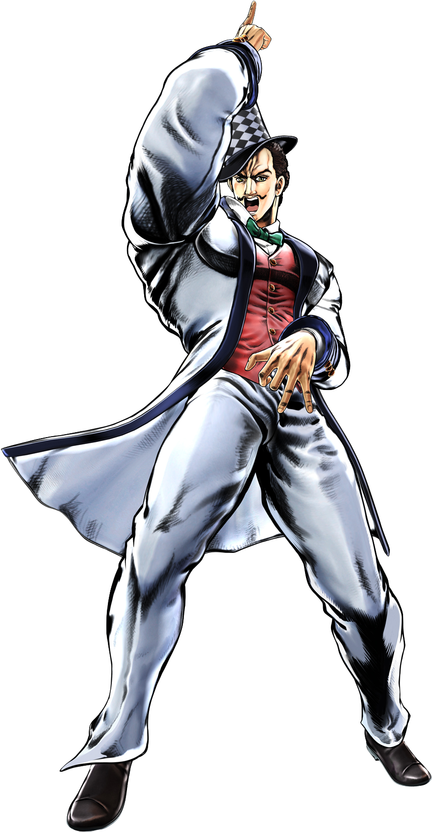 JoJo角色動作藝術 壁紙 — 一個充滿活力的動漫角色，身穿銀色西裝和格子帽，在黑色背景前擺出自信的姿勢。