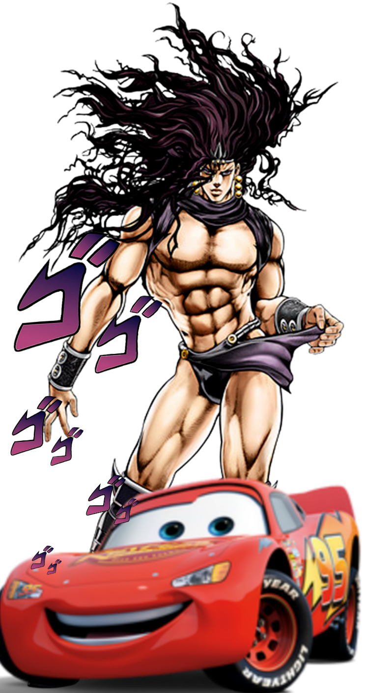 JoJo遇上汽車跨界合作 壁紙 — 一個肌肉發達的動漫戰士，擁有狂野的紫色頭髮，站在微笑的紅色閃電麥坤賽車上，背景為黑色。