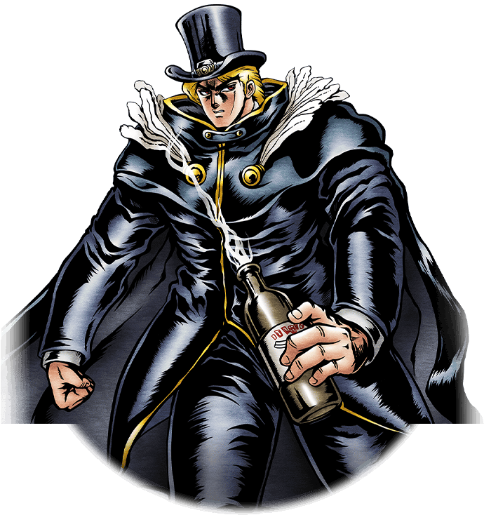JoJo角色戴禮帽與披風 壁紙 — 一個嚴肅的動漫男人，戴著黑色高頂帽，穿著黑色外套，在黑色背景前拿著一個冒著蒸汽的瓶子。