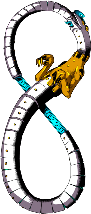JoJo的奇妙冒險 站牌「Diver Down」 壁紙 — 一條風格化的金屬蛇盤繞成無限符號，帶有金色毒牙和在其分段身體上的藍色「KEEP OUT」標誌。