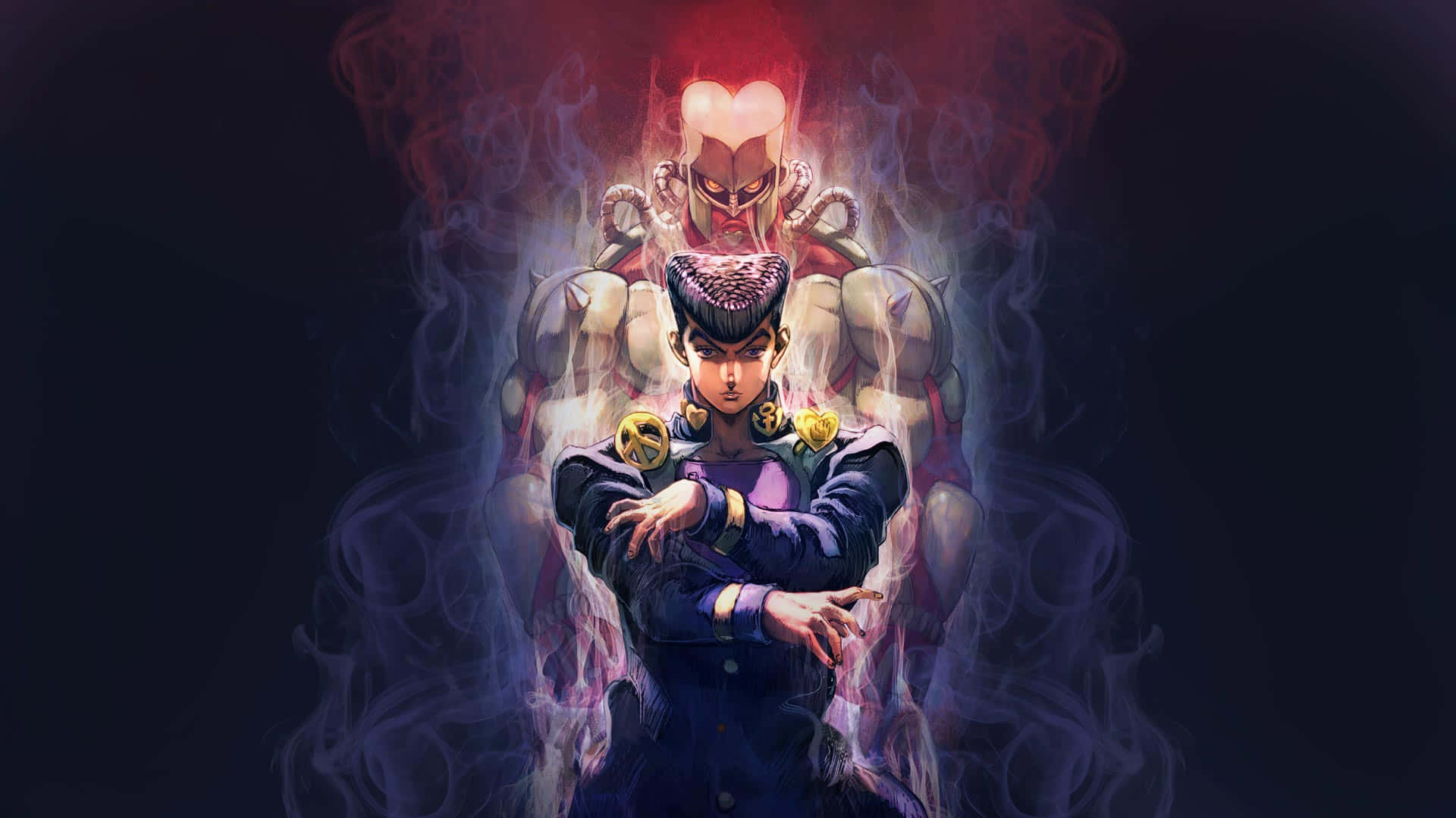 Jojo於繁星夜空中的靜謐身影 壁紙 — 一個強大的動漫角色自信地交叉雙臂站立，發光的紅色和紫色光環在黑暗背景中環繞著他。