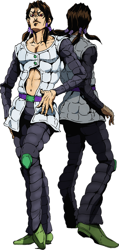 JoJo角色與站牌 壁紙 — 兩個動漫角色身穿盔甲，在黑色背景上擺姿勢，帶有綠色點綴和紫色髮帶。