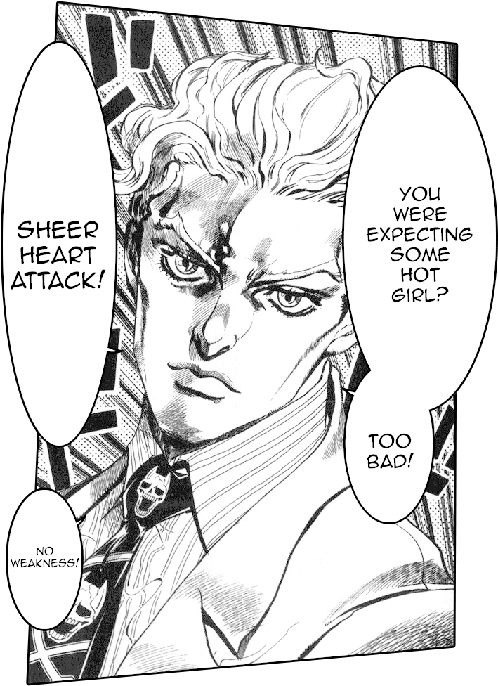 JoJo「純粹心臟攻擊」漫畫格 壁紙 — 一個漫畫格顯示一個頭髮凌亂、眼神銳利的男人，在粗體對話框中宣告「SHEER HEART ATTACK!」和「NO WEAKNESS!」。