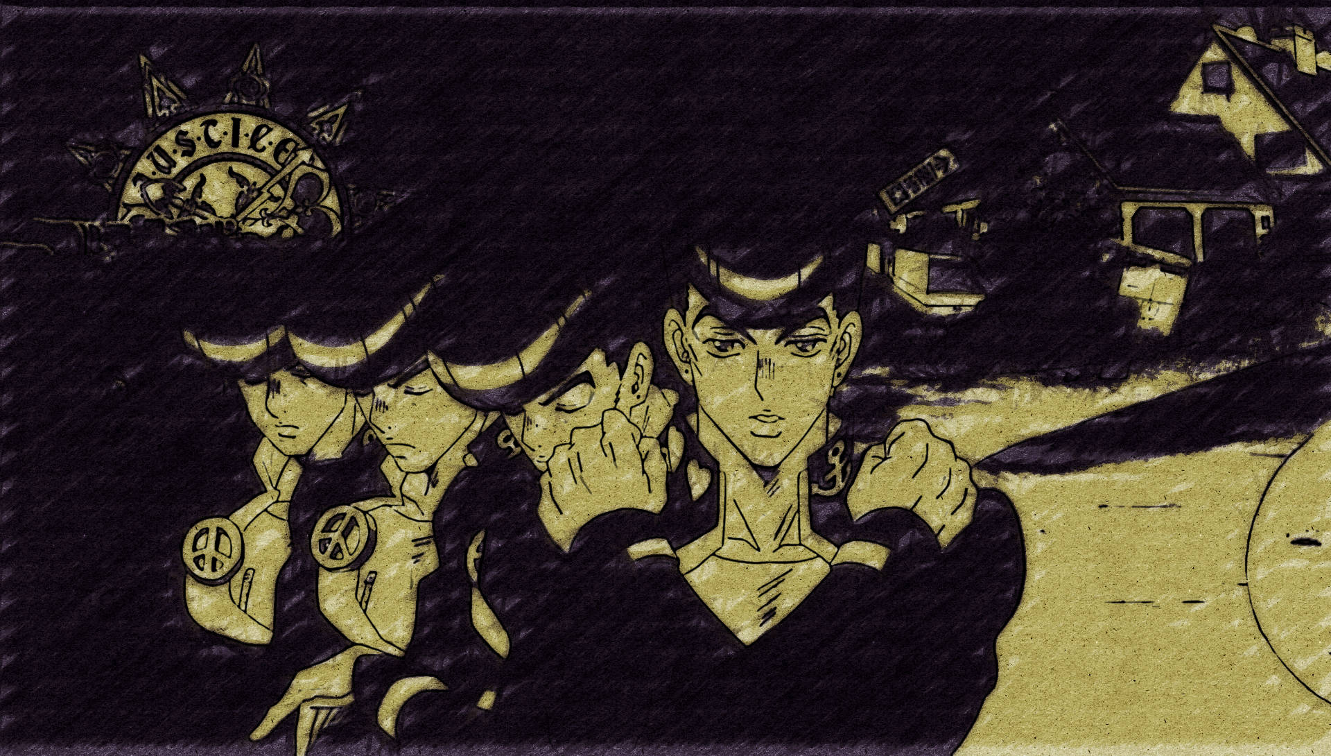 《JoJo的奇妙冒險》開場喬斯克 壁紙 — 三個身穿黃色和黑色的動漫角色站在黑暗風格的小鎮中，星空下帶有『JUSTICE』標誌。