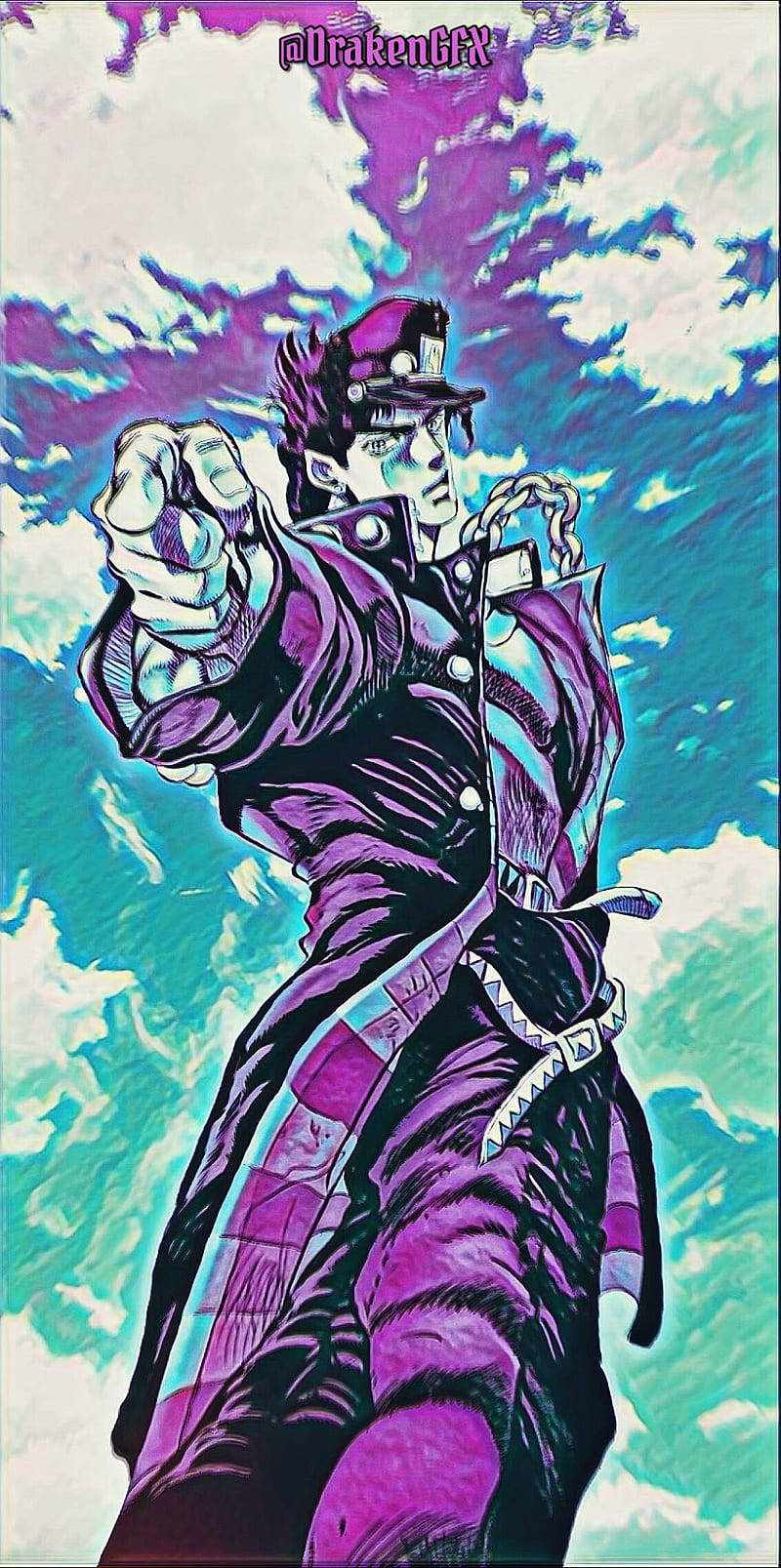 JoJo的奇妙冒險 向量藝術 iPhone 壁紙 — 一個動態動漫角色，身穿紫色外套和帽子，在旋轉的藍綠色和紫色天空前指向前方。