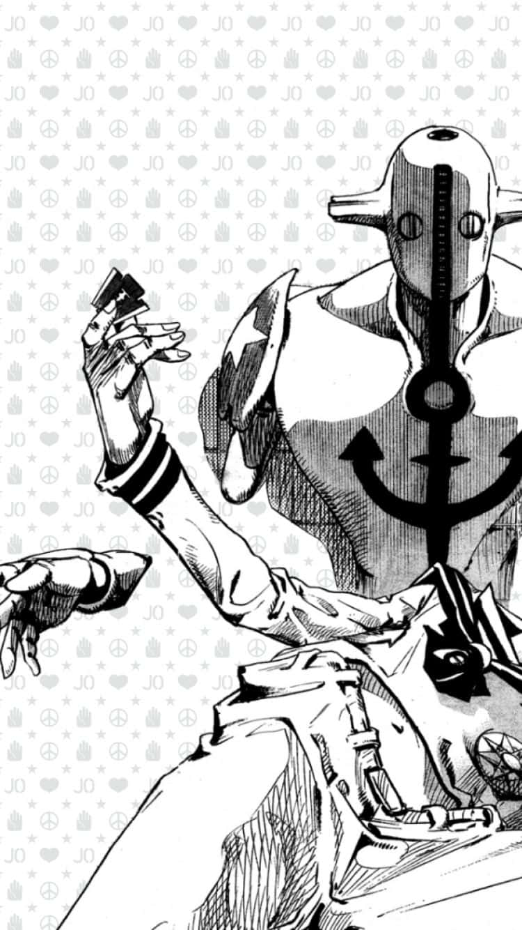 JoJo的奇妙冒險 iPhone Sand & Wet 章節壁紙 壁紙 — 一個戴著頭盔和錨符號的風格化漫畫角色在圖案背景前拿著卡片。