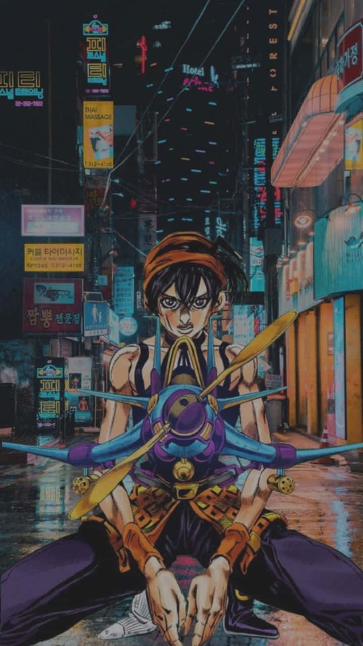 JoJo的奇妙冒險 iPhone 納蘭夏·吉爾加 壁紙 — 一個堅定的動漫角色跪在霓虹燈照亮、雨水浸濕的城市街道上，手持一把未來感的藍紫色武器。