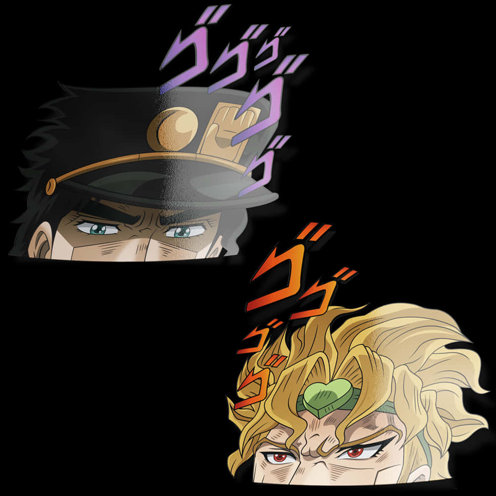 JoJo的奇妙冒險中的威脅角色 壁紙 — 兩個動漫角色，表情強烈，帶有動態音效，背景為黑色。