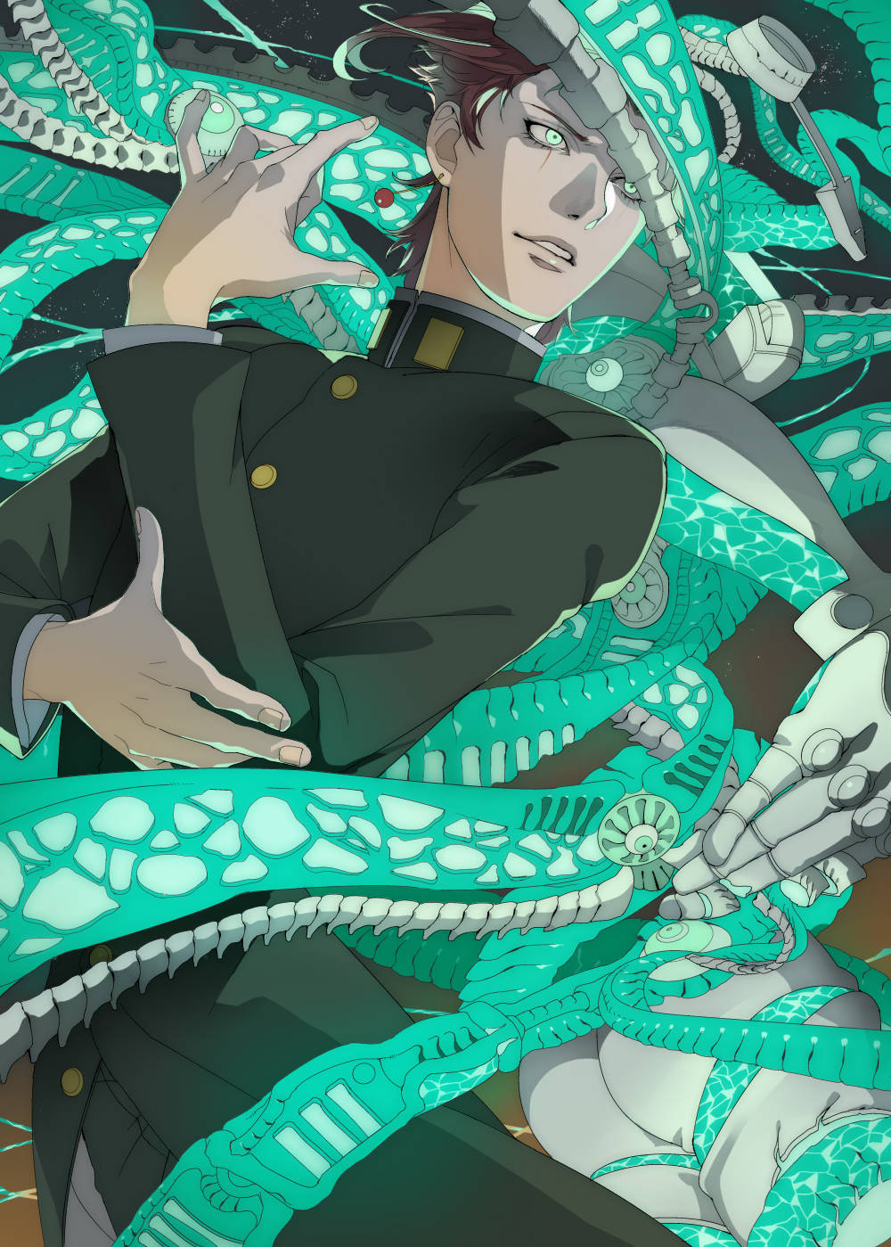 Jojo Phone - Kakyoin 與 Hierophant Green 壁紙 — 一名身穿深色制服的年輕男子在風格化的動漫場景中被發光的青綠色機械觸手包圍。