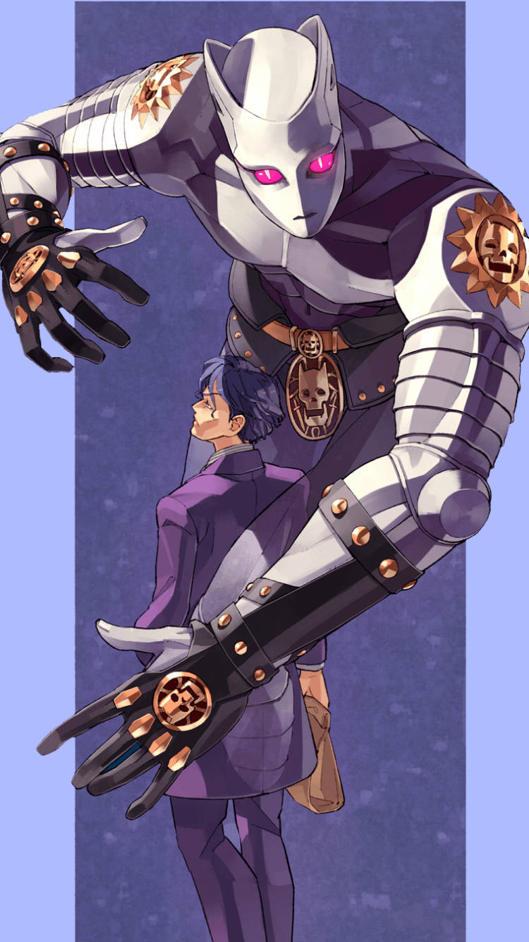 Jojo Phone - Killer Queen 與 Kira 壁紙 — 一個高大的裝甲戰士，有著發光的粉紅色眼睛，在星光燦爛的紫色背景下，俯視著一個較小的紫色身影。