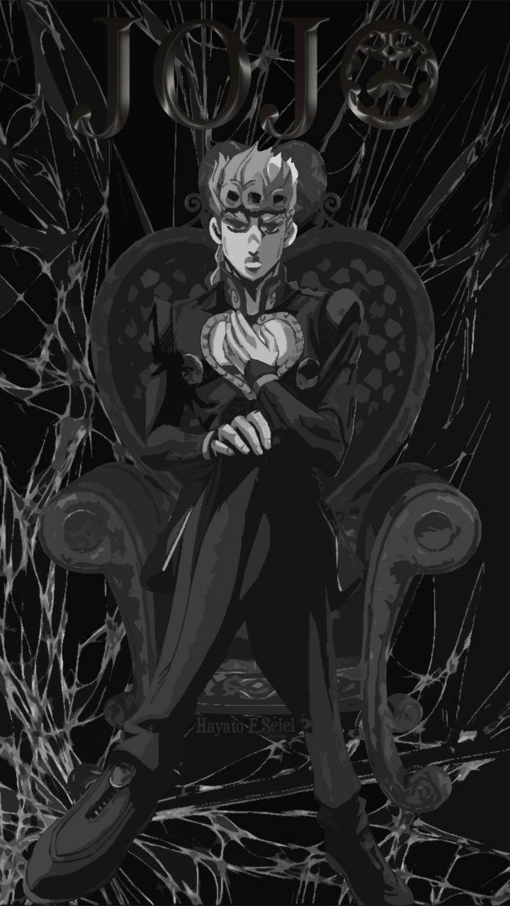 Jojo Phone 吉奧諾·喬瓦納 壁紙 — 一個黑白動漫角色，頭髮尖刺，威嚴地坐在華麗的王座上，周圍是破碎的玻璃。