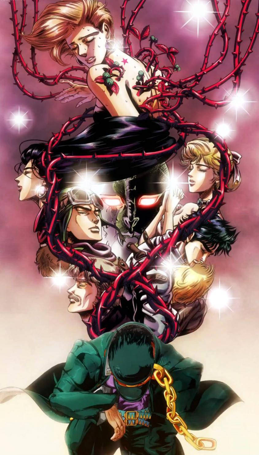 Jojo Phone 喬斯達家族 壁紙 — 一幅動態動漫插圖，描繪多個角色被發光的紅色荊棘藤蔓纏繞，背景是閃閃發光的粉紅色。