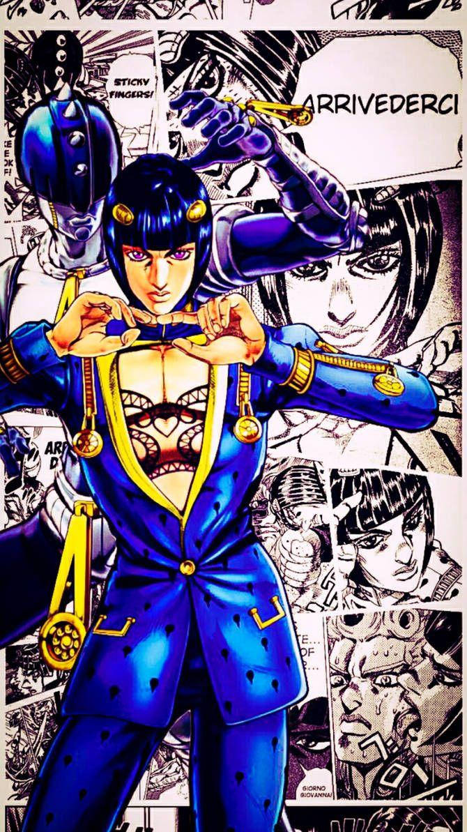 Jojo Phone 布魯諾·布奇亞里亞蒂 壁紙 — 一個大膽的動漫角色穿著帶有金色裝飾的藍色西裝，在漫畫面板拼貼畫前擺出姿勢。