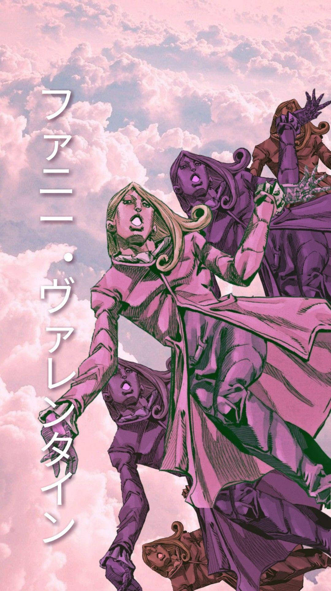 Jojo Phone 強尼·喬斯達 壁紙 — 穿著紫色長袍的動漫角色在柔和的粉紅色多雲天空下動態站立，帶有日文字。