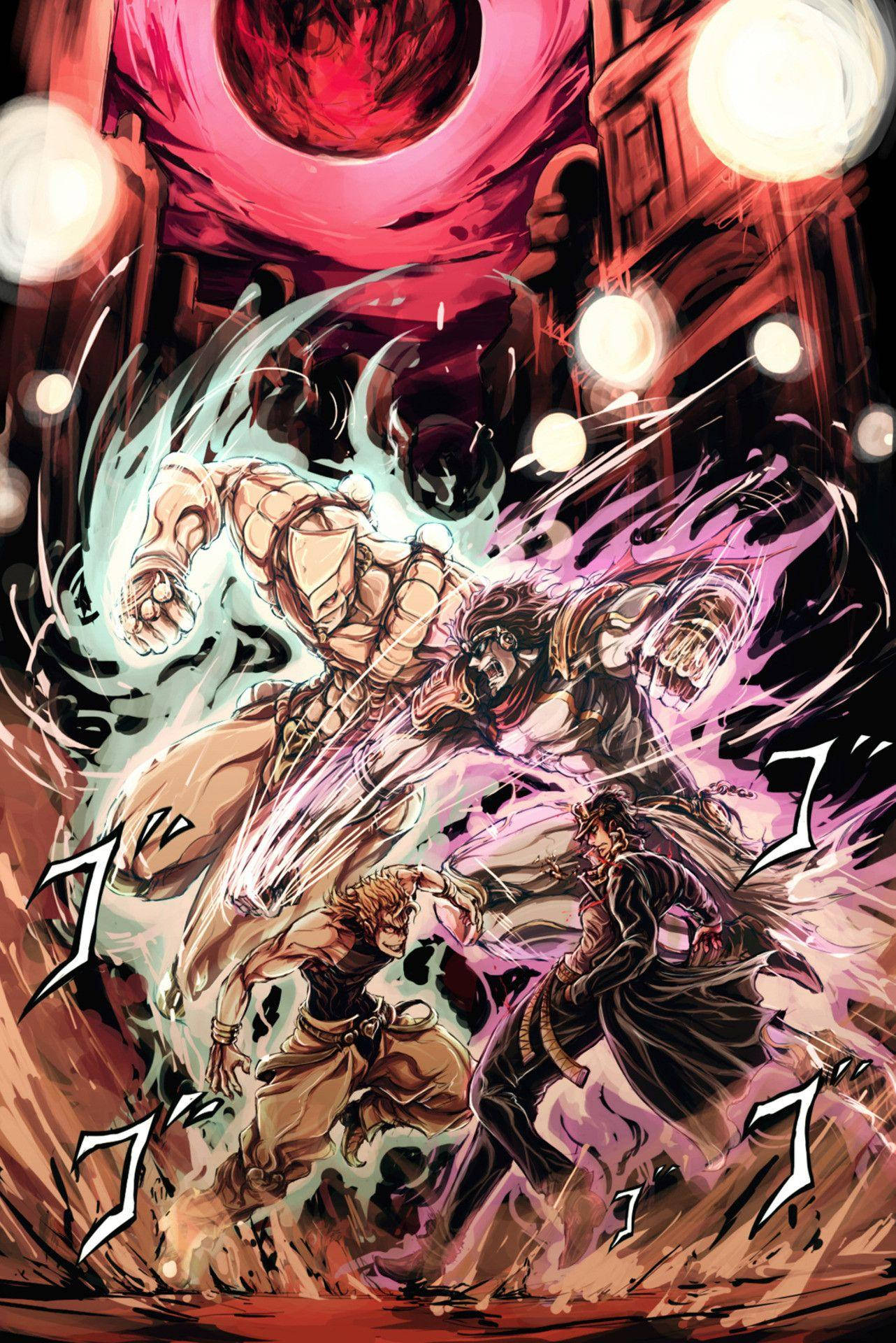 Jojo Phone 替身大戰 壁紙 — 動感動漫戰士在熾熱的城市戰鬥中碰撞，在發光的紅月下帶有爆炸性能量效果。