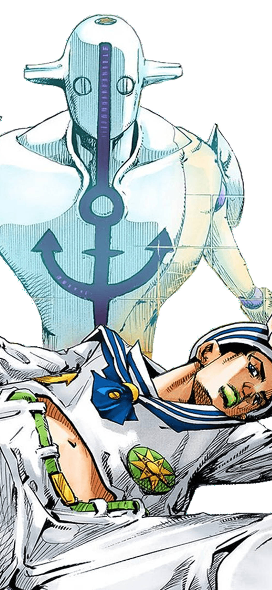 Jojo Phone 無限之王 壁紙 — 一幅漫畫風格插圖，描繪一名身穿水手服的男子躺下，而一個帶有船錨符號的銀色高大類人生物站在他身後。