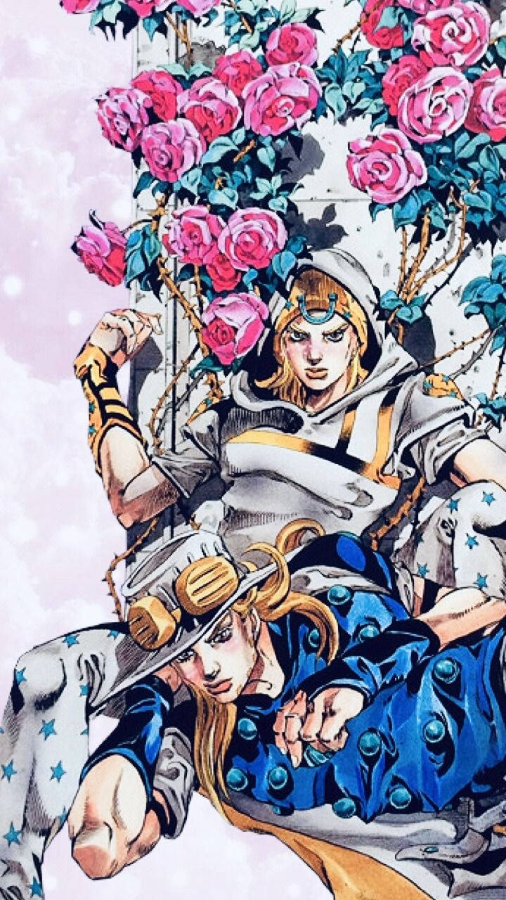 Jojo Phone 粉紅玫瑰 壁紙 — 兩個動漫角色在粉紅玫瑰瀑布下擺姿勢，背景柔和粉彩。